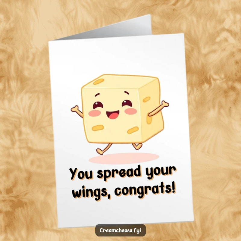 Funny Free Printable Congrats Card: A beaming cream cheese block with legs joyfully skips to celebrate success. Instant downloadable cheer.