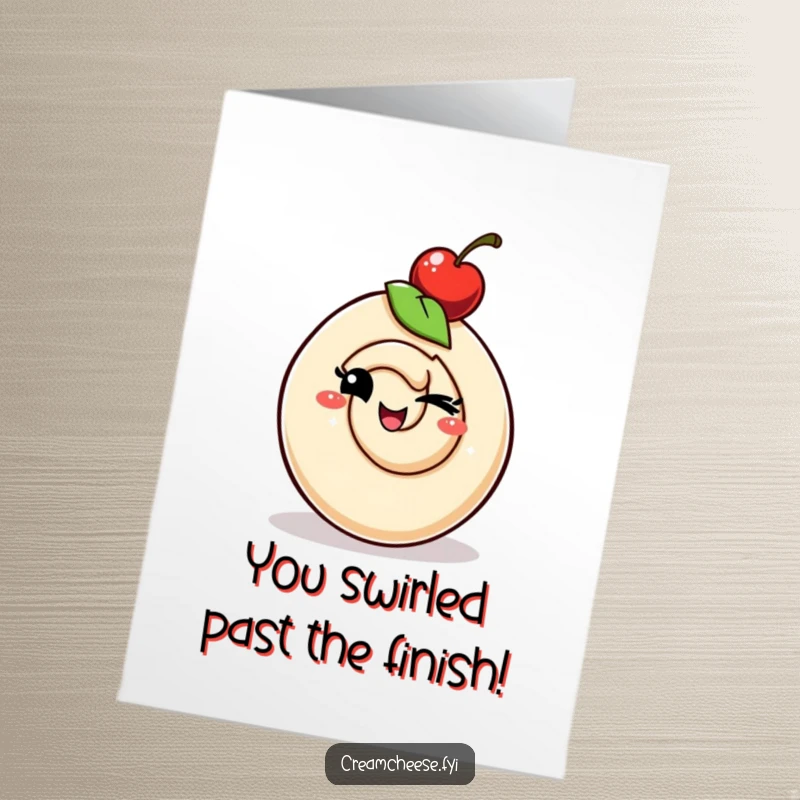 Funny Free Printable Congrats Card: A whimsical cream cheese swirl winks playfully with a cherry hat, celebrating achievements. Downloadable amusement.