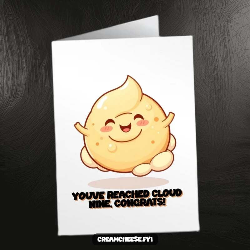 Funny Free Printable Congratulations Card: A cheerful cream cheese blob bounces happily on a bagel cloud, signifying buoyant success.
