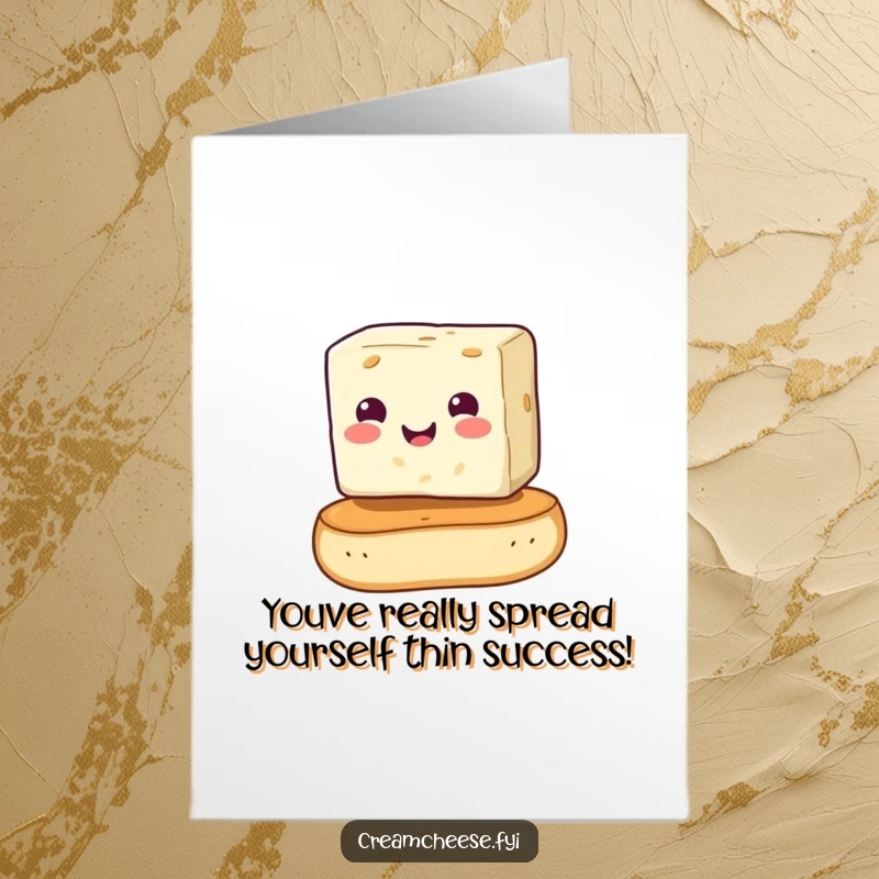 Free Printable Congratulations Card showing a happy cream cheese cube balancing on a bagel, celebrating an achievement with humor.
