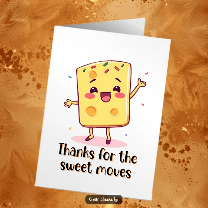 Funny Free Printable Thank You Card of a cheese slice dancing happily with sprinkles, expressing thanks.
