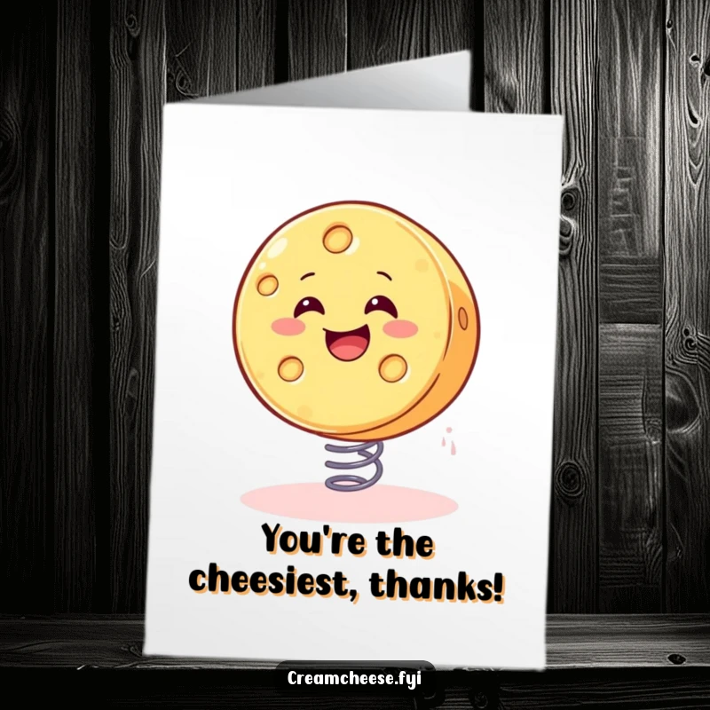 Funny Free Printable Thank You Card: A smiling cheese wheel bouncing, a funny and cheerful way to say thanks, DIY gift.
