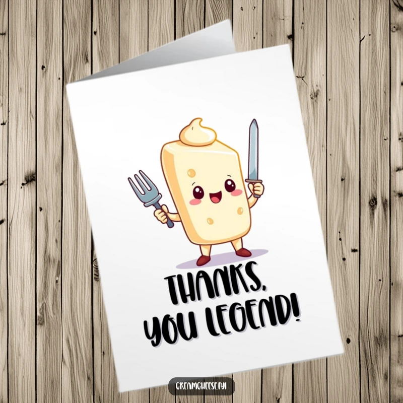 Funny Free Printable Thank You Card: Triumphant cream cheese character holding a tiny fork like a sword, giving thanks for your kindness.