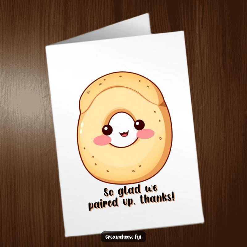 Funny Free Printable Thank You Card: A shy wedge of cream cheese with rosy cheeks peeks from behind a bagel, expressing thanks.