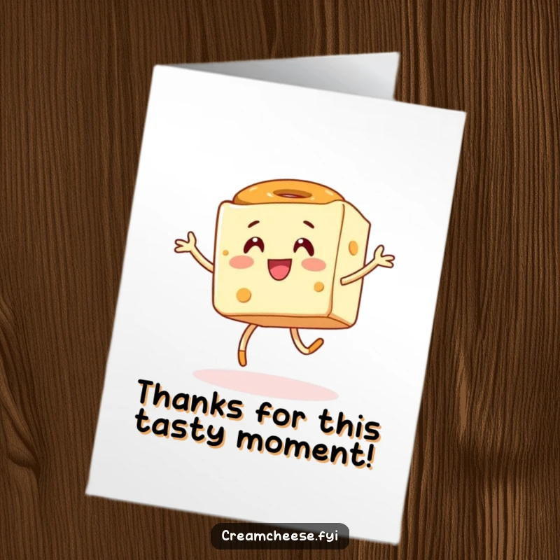 Funny Free Printable Thank You Card with a cream cheese cube hopping with a bagel, a joyful thank you.