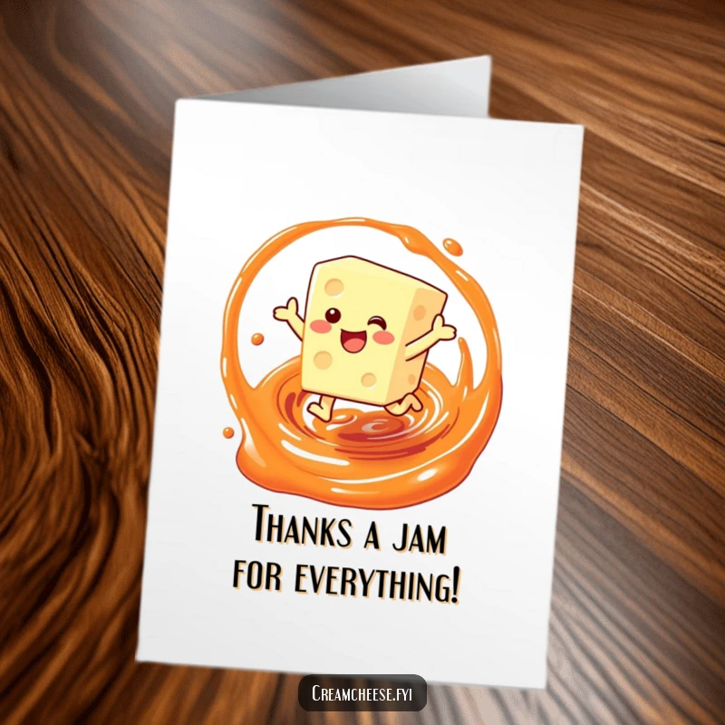 Funny Free Printable Thank You Card: Cream cheese character leaping through jam, expressing gratitude with joy.