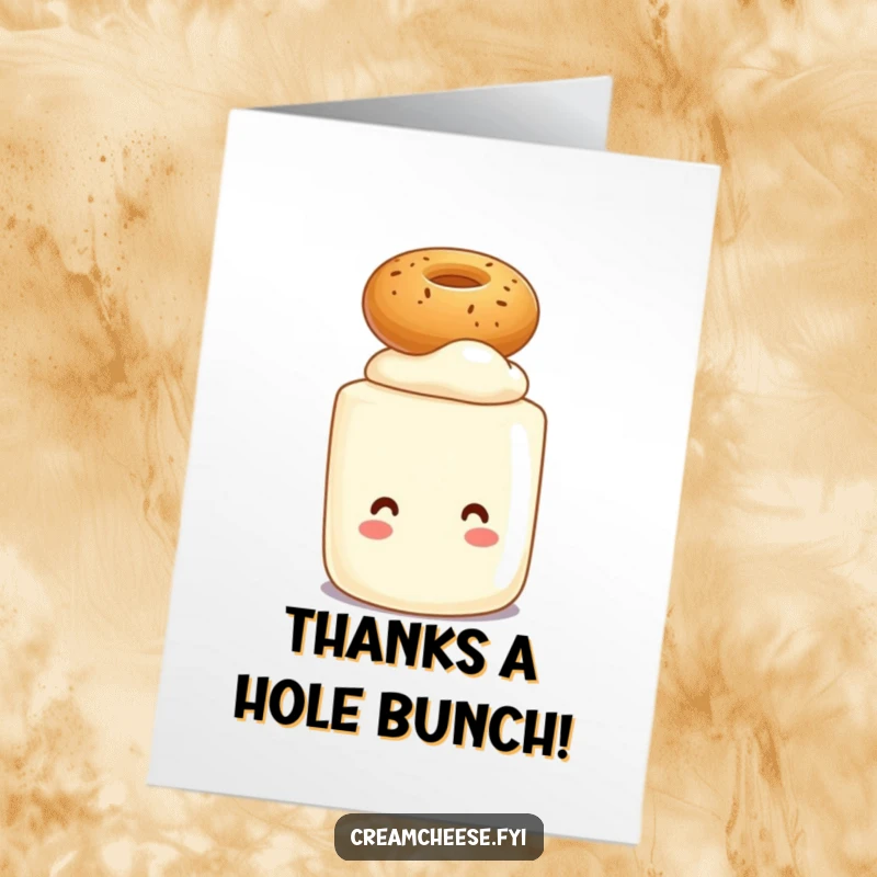Funny Free Printable Thank You Card: Cream cheese tub character balancing a small bagel, a sweet thank you gesture.