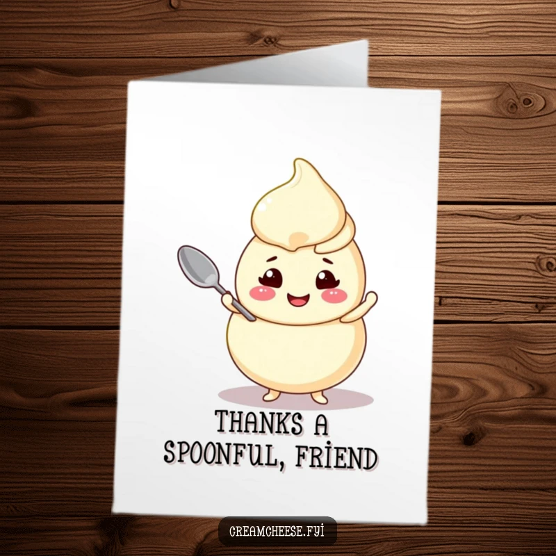 Funny Free Printable Cream Cheese Swirl Thank You Card, a cheerful swirl balancing a small spoon, expressing gratitude with a smile.