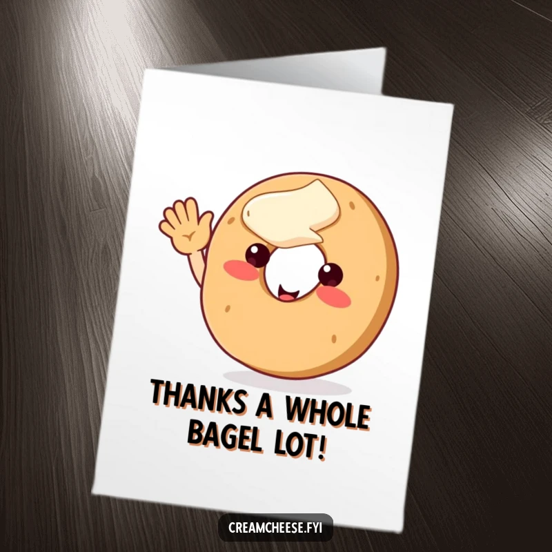 Funny Free Printable Thank You Card: A smiling bagel with cream cheese topping waves a warm thank you. Charming and downloadable.
