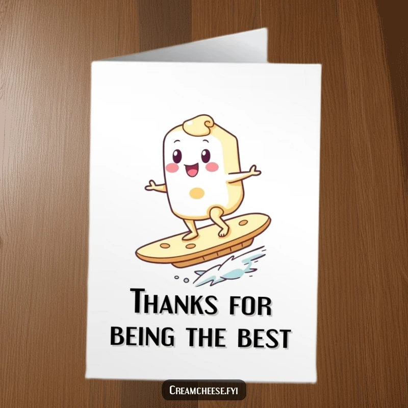Funny Free Printable Thank You Card: A happy cream cheese character rides a giant cracker like a surfboard, expressing thanks with a cheerful splash.