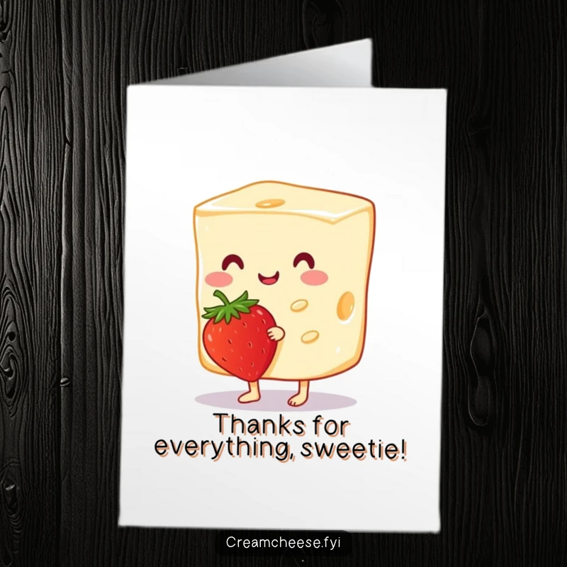 Funny Free Printable Thank You Card: A cheerful cream cheese slice tiptoes with a strawberry, a cute way to say thanks.