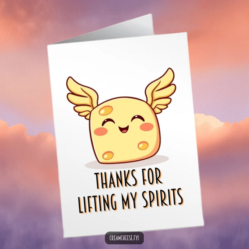 Funny Free Printable Thank You Card of a grinning cheese slice with small wings, conveying thanks.