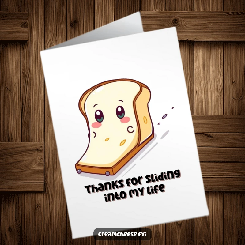 Funny Free Printable Thank You Card: A cream cheese character with eyes slides down a toast slope, expressing thanks humorously.
