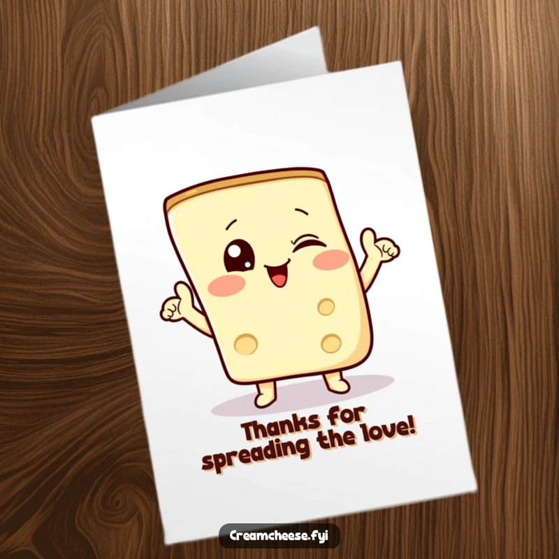 Funny Free Printable Thank You Card: Winking cream cheese wedge striking a triumphant pose, spreading thanks.