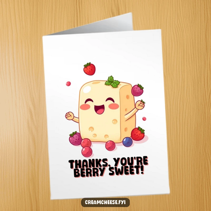 Funny Free Printable Thank You Card: Cheerful cream cheese juggles berries, offering a sweet and humorous thank you.
