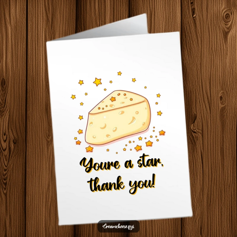 Funny Free Printable Thank You Card: Cream cheese wedge gleefully scatters golden stars, a charming way to express thanks.