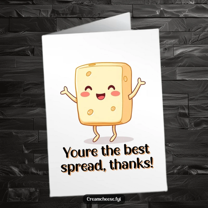 Funny Free Printable Thank You Card: A cheerful block of cream cheese with tiny legs performs a delightful jig to express thanks.