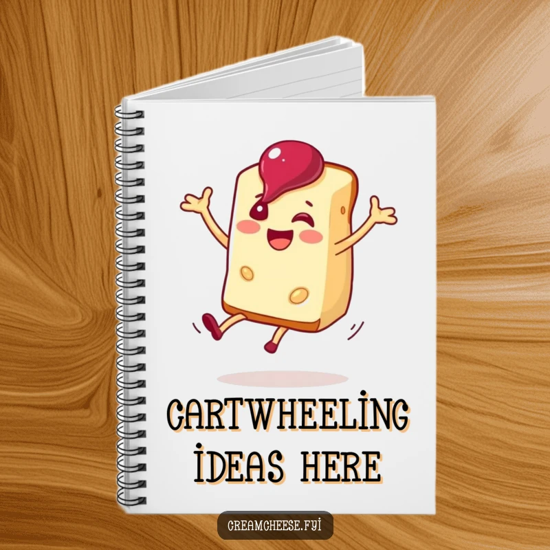 Funny cream cheese slice doing a cartwheel with jam on a notebook cover, designed for active thinkers.