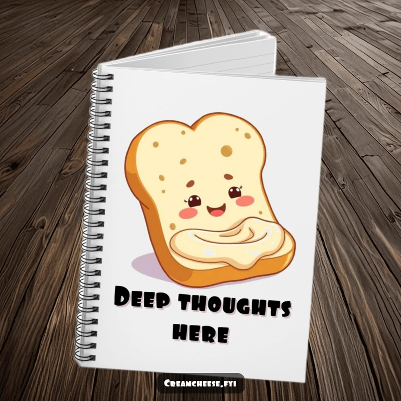 Funny baguette slice dipping into cream cheese, inside a notebook cover. A delightful and funny stationery item, perfect as a funny gift.