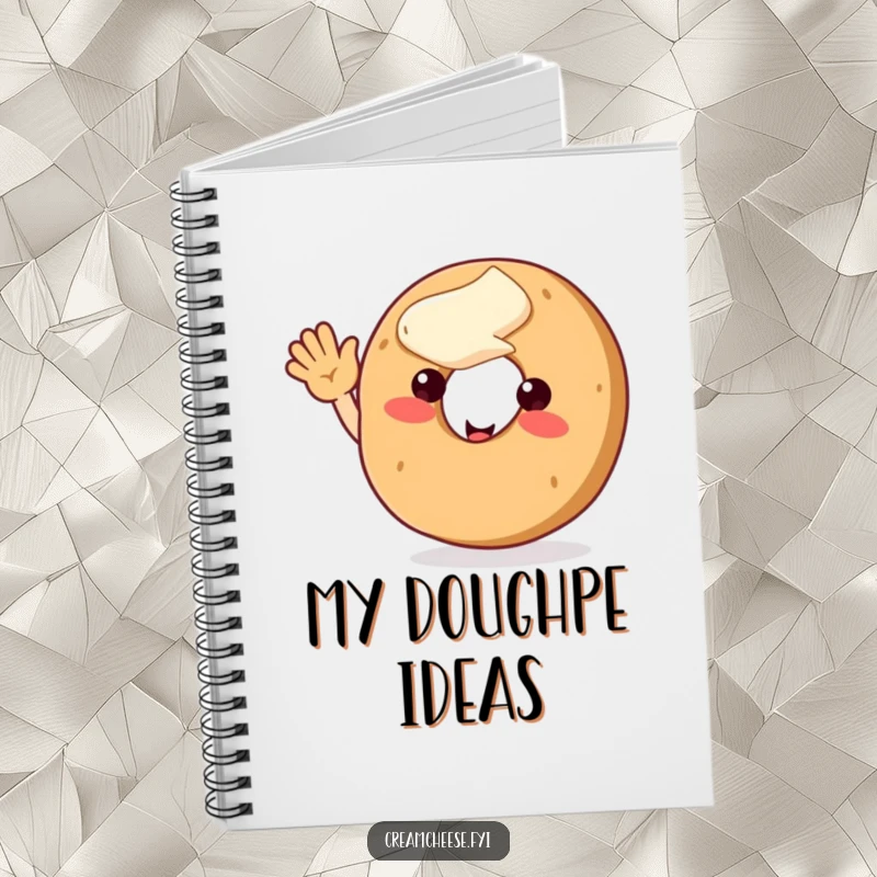 Funny bagel character with cream cheese topping, waving hello, inspiring cheerful thoughts and creative note-taking.