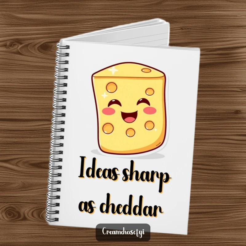 Funny Notebook: A cheerful cheese slice gives a warm, cheesy wink, perfect for jotting down funny ideas and notes.