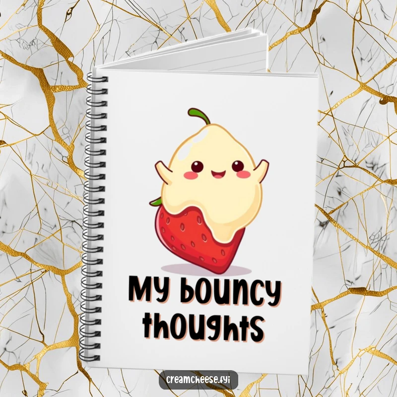 Funny notebook cover with a playful cream cheese blob bouncing on a strawberry, perfect for jotting down happy thoughts.