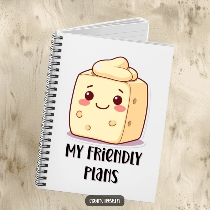 Funny cream cheese block notebook, a character with a welcoming smile, perfect for jotting friendly notes.