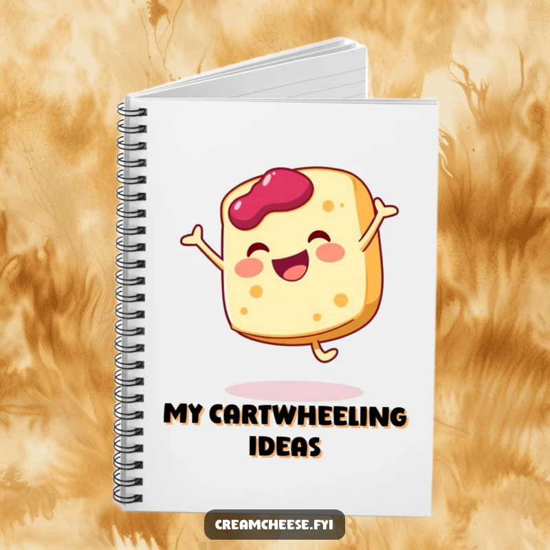 Funny cream cheese slice notebook doing a joyful cartwheel with a dollop of jam, ideal for notes and breakfast ideas.