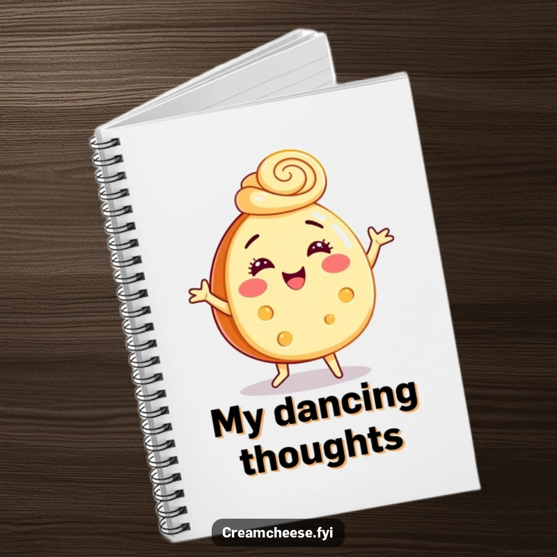 Funny notebook cover with a cream cheese wheel dancing joyfully, wearing a cinnamon swirl hat, encouraging creative note-taking.