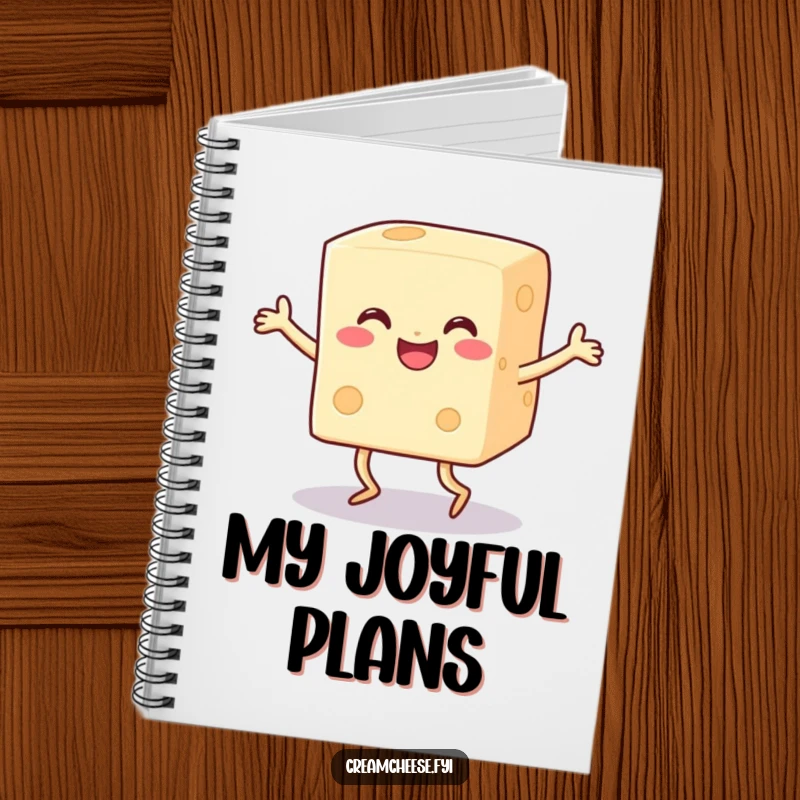 Funny happy cream cheese block with legs doing a joyful dance on the cover of a notebook, ideal for recipes.