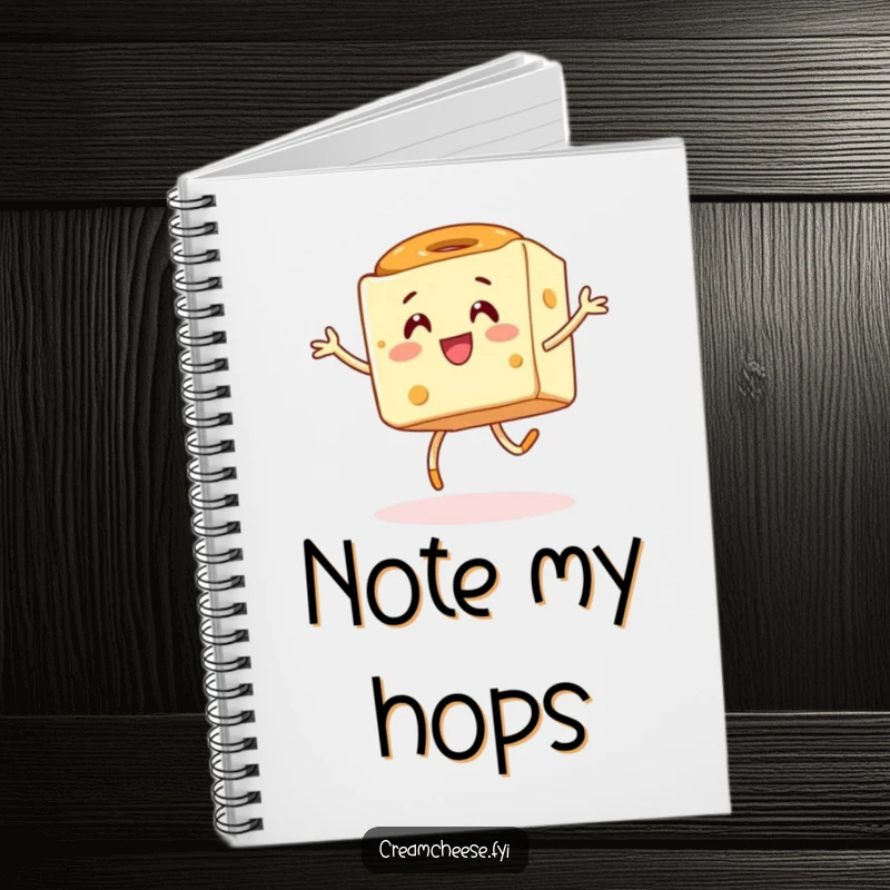 Funny notebook cover with an energetic cream cheese cube hopping with a bagel, perfect for jotting down lively ideas.