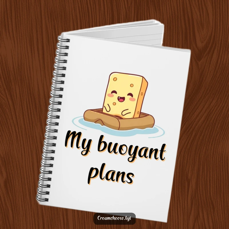 Funny Cream Cheese Notebook featuring a giggling cream cheese bar on a tiny raft, great for jotting down foodie ideas.