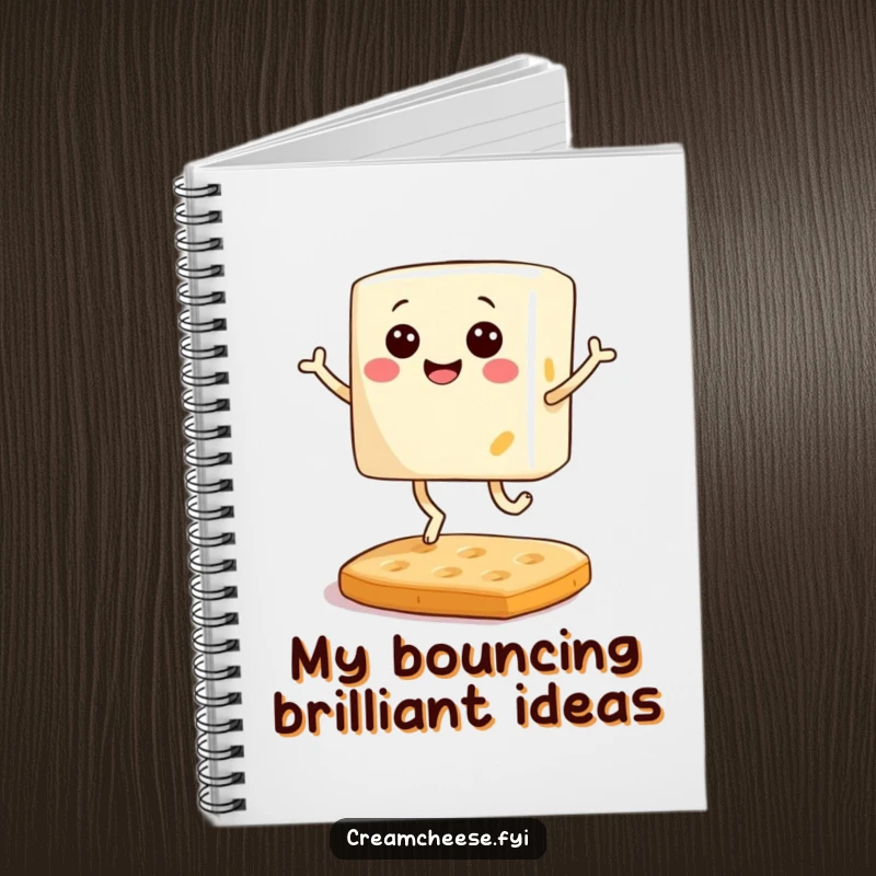 Funny notebook with a smiling block of cream cheese with tiny legs joyfully bouncing on a cracker, perfect for jotting down recipes.