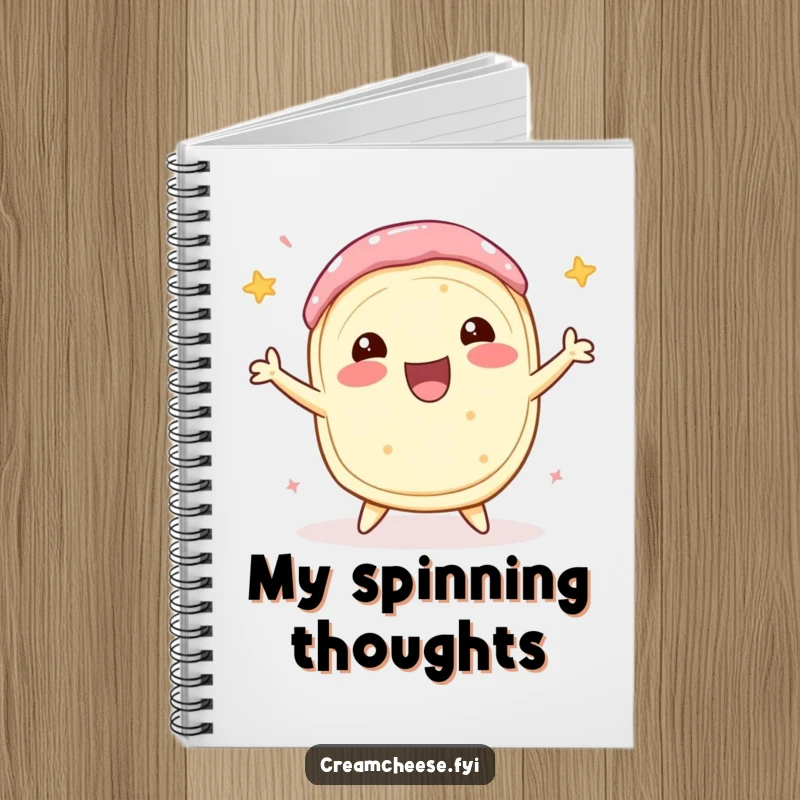 Funny Cream Cheese Notebook with a delighted cream cheese roll performing a celebratory spin, perfect for jotting down exciting plans and ideas.
