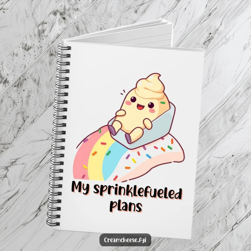 Funny cream cheese tub notebook happily sliding down a rainbow sprinkle slope, ideal for notes and sweet thoughts.