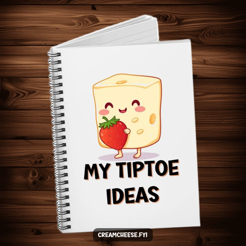 Funny Cream Cheese Notebook with a cheerful cream cheese slice tiptoeing with a strawberry, perfect for jotting down sweet thoughts and ideas.