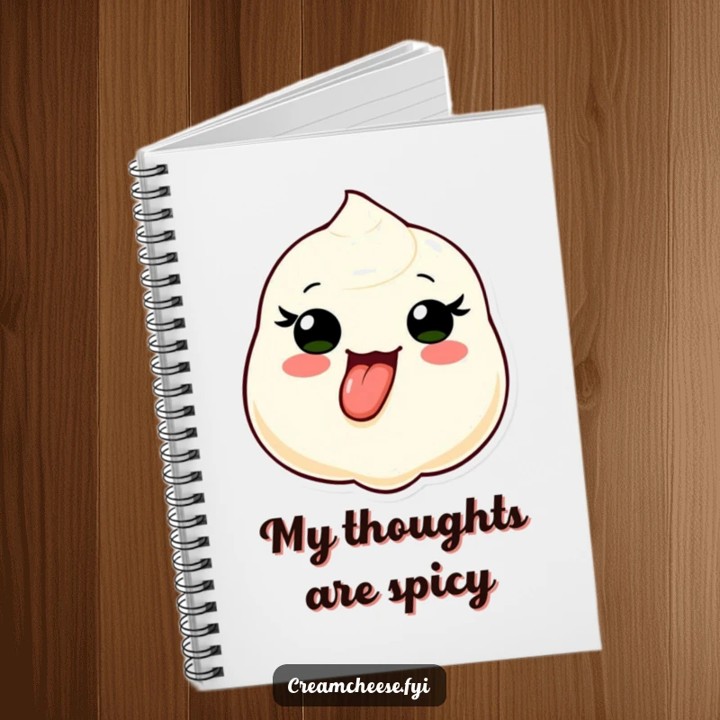 Funny notebook cover features a cream cheese dollop character playfully sticking its tongue out, inspiring creative writing and playful note-taking.