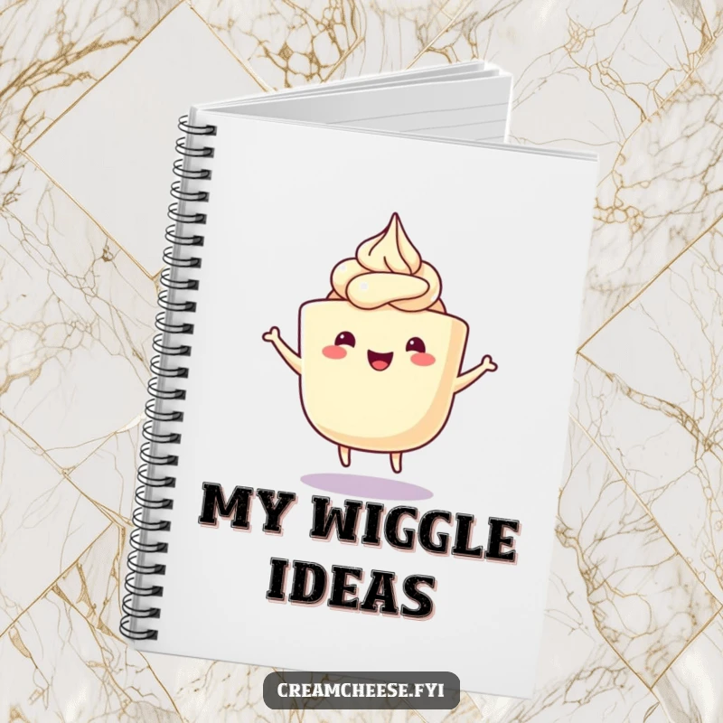 Funny Cream Cheese Notebook with a happy cream cheese tub with frosting swirls doing a delightful wiggle dance, perfect for jotting down funny thoughts.