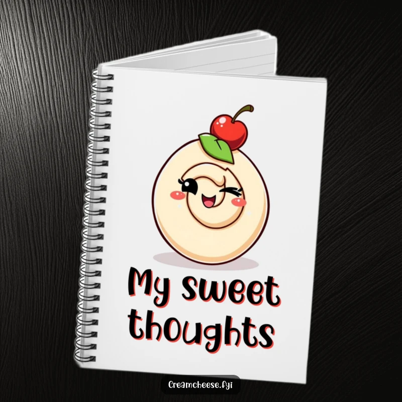 Funny cream cheese swirl with a cherry hat winking playfully, inspiring creative and whimsical note-taking.
