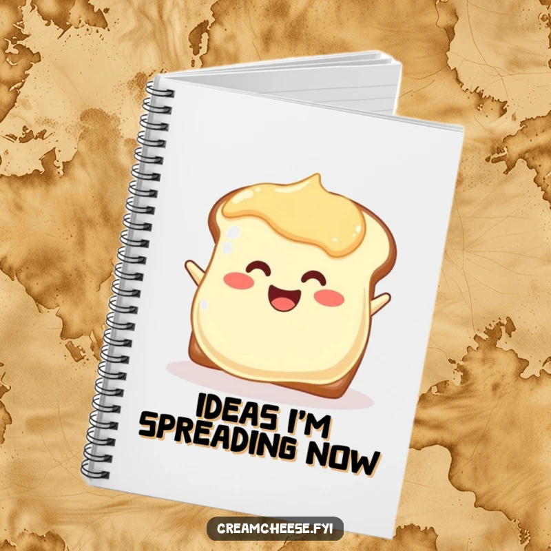 Funny joyful cream cheese blob notebook enthusiastically spreading onto toast, perfect for creative ideas.