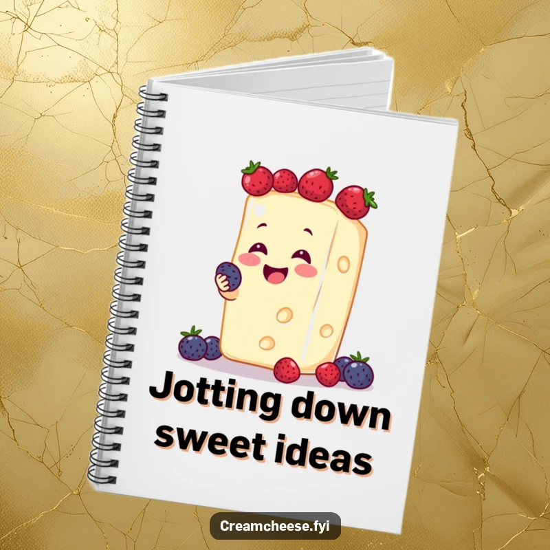 Funny cream cheese smiling, juggling small, sweet berries on a notebook cover, ideal for capturing creative thoughts.