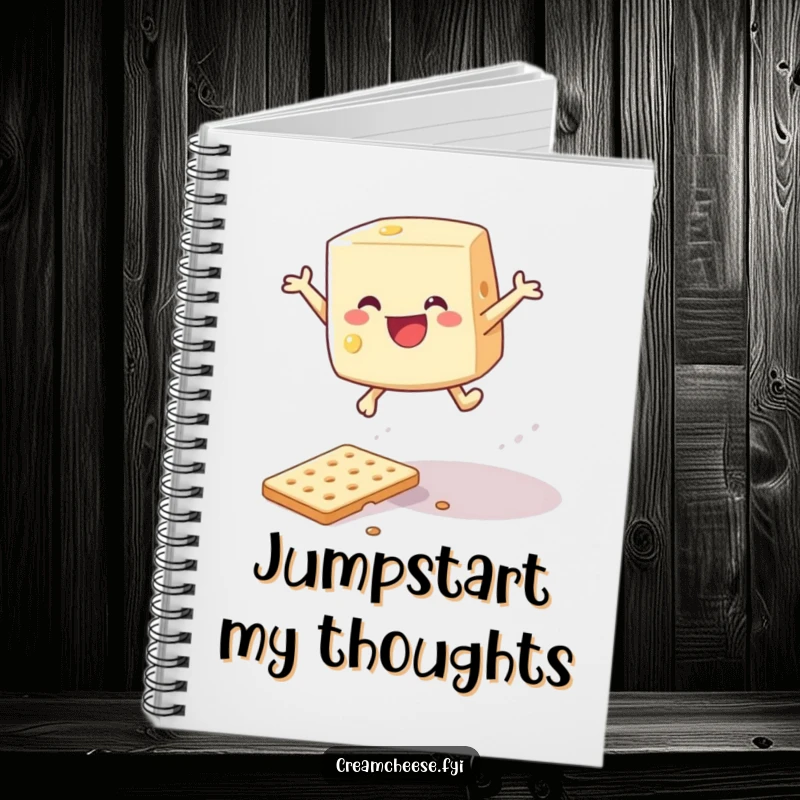 Funny cream cheese wedge leaping over a cracker on a notebook cover, designed for resilient thinkers.