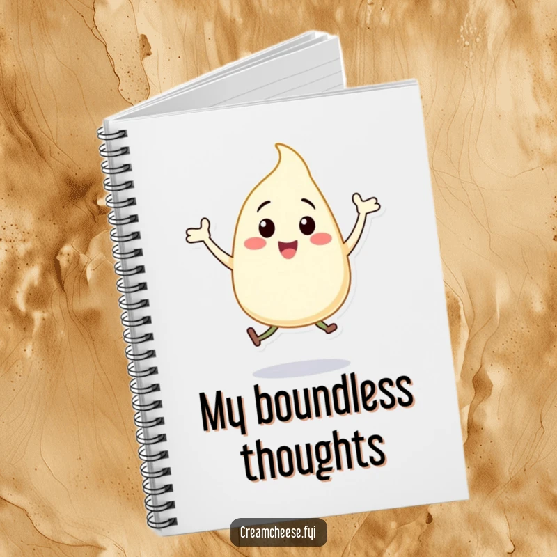 Funny cream cheese dollop notebook, a happy character in mid-jump doing jumping jacks, inspiring energetic writing.