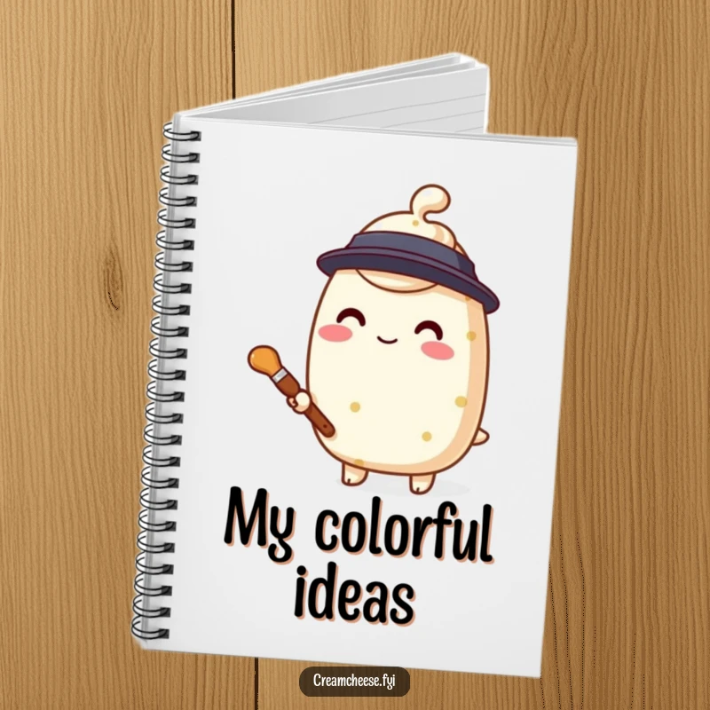 Funny cream cheese painter notebook, a stylized character holding a tiny paintbrush, perfect for sketching ideas.