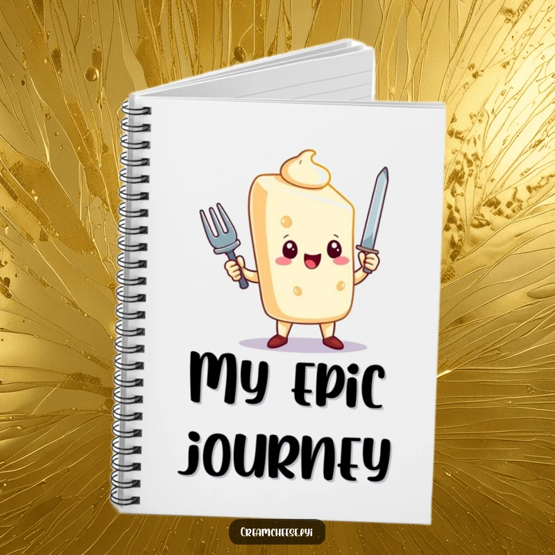 Funny cream cheese character notebook, triumphantly holding a fork sword, perfect for journaling wins, great funny gift.
