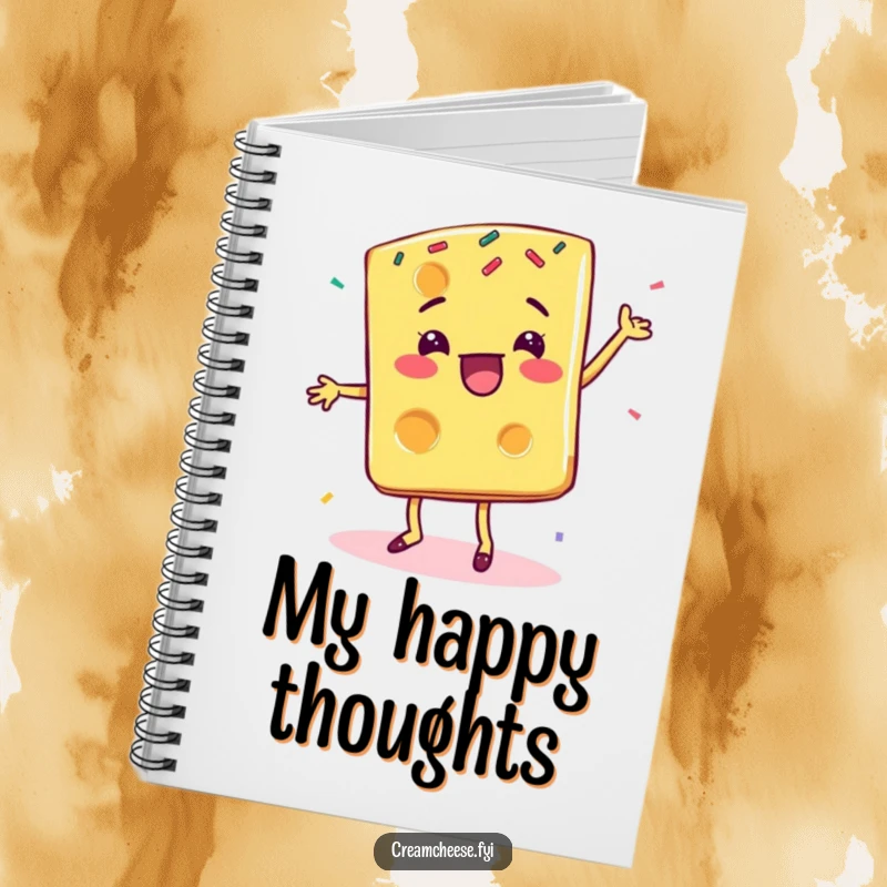 Funny cheese slice notebook, with a delighted character doing a happy dance surrounded by sprinkles, ready for notes.