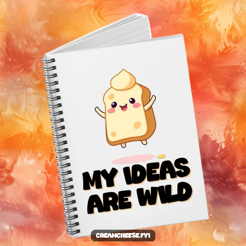 Funny Notebook cover with a giddy cream cheese character energetically bouncing on toast, perfect for jotting down spreadable thoughts.