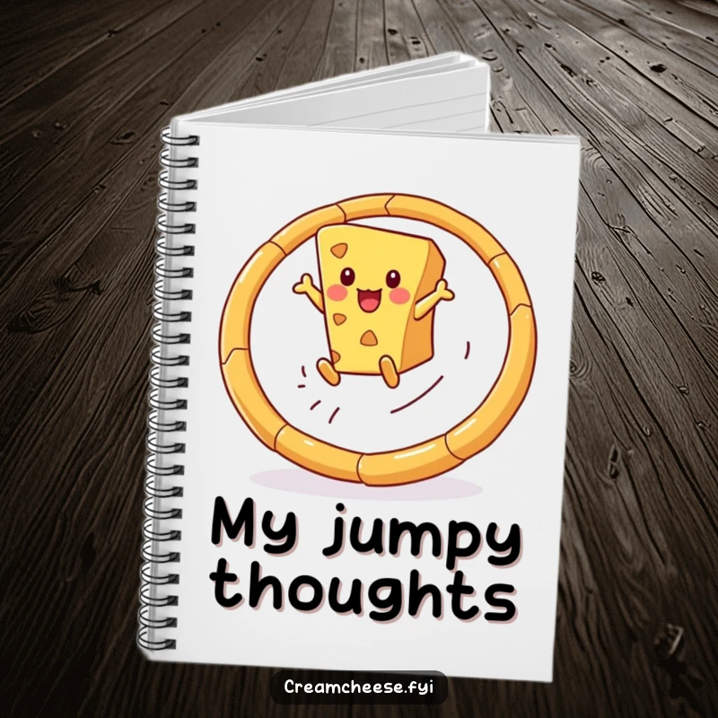 Funny notebook cover with a playful cheese wedge leaping through a hoop made of breadsticks, perfect for jotting down notes.