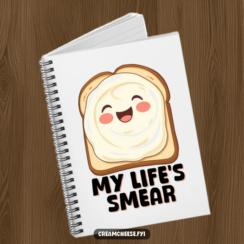 Funny notebook cover with a delighted cream cheese smear spreading joyfully over toast, perfect for jotting down happy thoughts.
