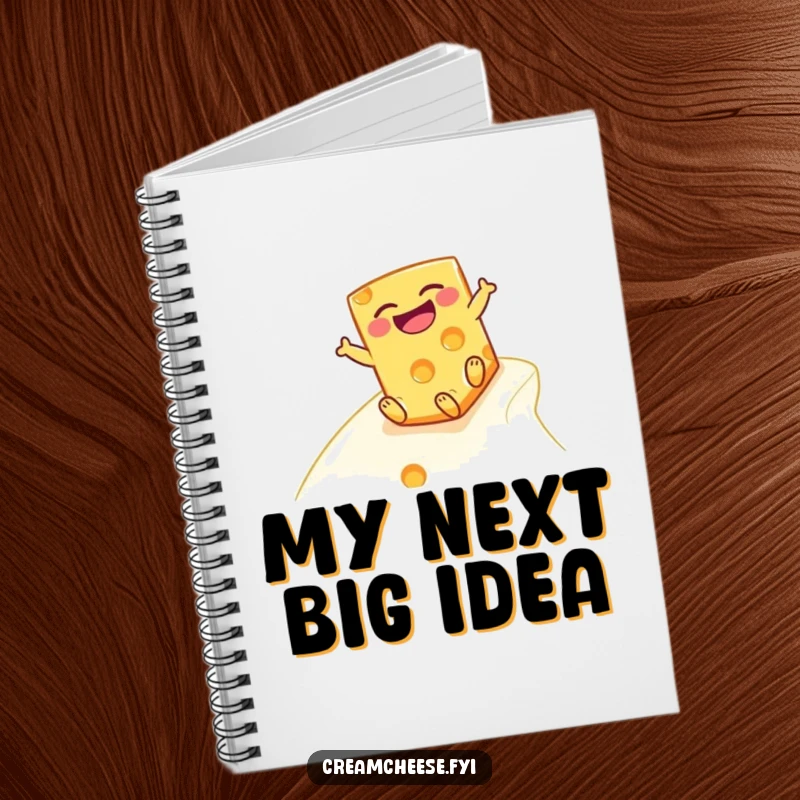 Funny cheese block notebook, with a laughing cheese character joyfully sliding down a creamy slope, ready for notes.